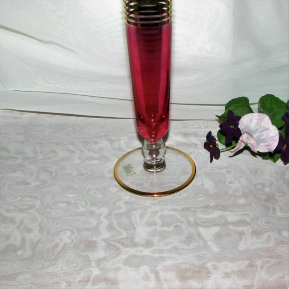 Vintage 10" Red Glass Vase Cranberry Flash Footed Gold Bands Mid-century Decor - Picture 4 of 6